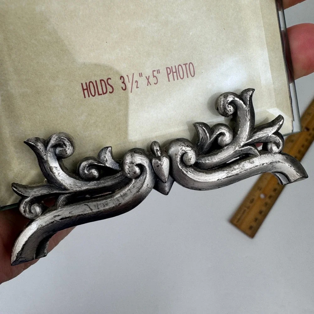 Vtg Tabletop Teddy Bear Angel Ribbon Filigree Photo‎ Pic Frame Pewter Metal READ